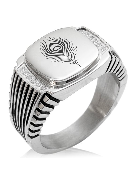 Stainless Steel Hera Greek Goddess of Marriage CZ Ribbed Needle Stripe Pattern Biker Style Polished Ring