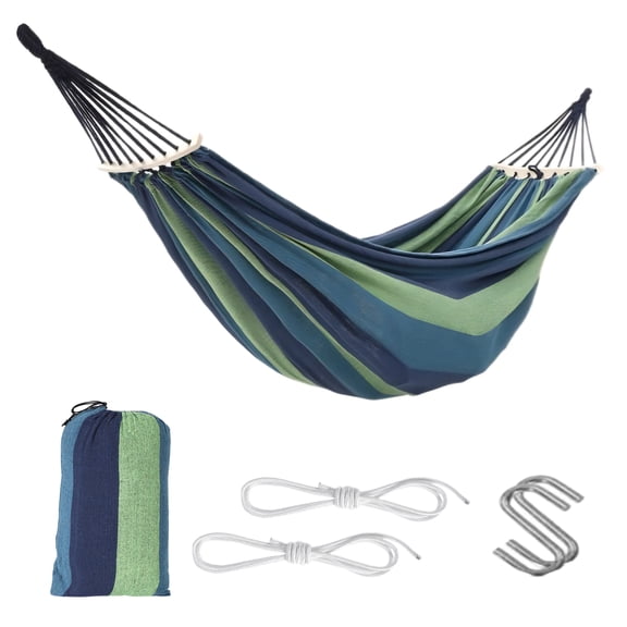 Double Canvas Hammock with Wooden Spreader Bars, 118” Portable Hammock with Tree Straps & Carry Bag, Heavy Duty 500 lbs Capacity, Outdoor Hammock for Backyard, Patio, Garden & Camping, Blue&Green