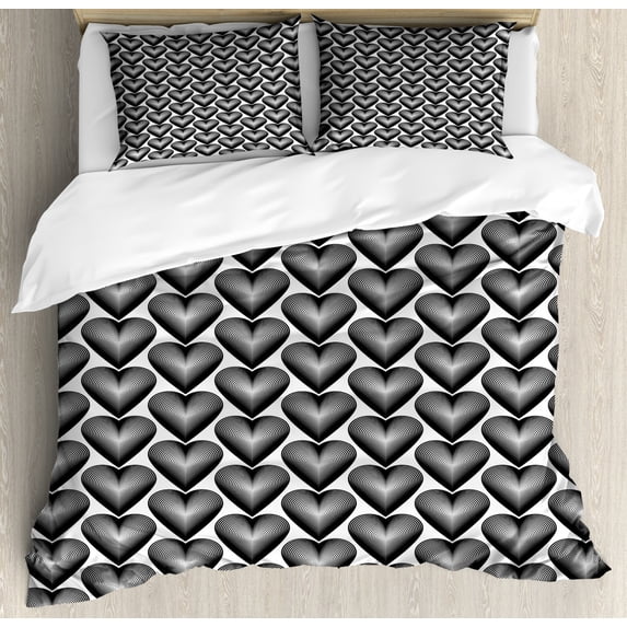 Valentines Day Duvet Cover Set Queen Size, Monochrome Creative Abstract Romantic Hearts with Graphic Lines Art, Decorative 3 Piece Bedding Set with 2 Pillow Shams, Charcoal Grey White, by Ambesonne