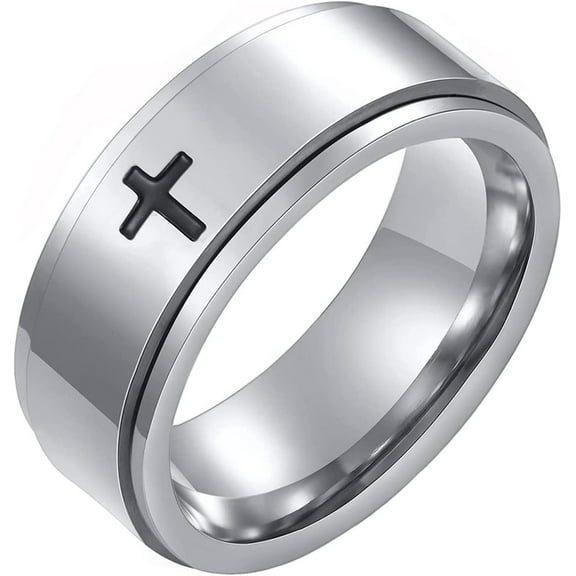 Spinner Cross Rings for Men, Silver/Black Anxiety Fidget Rings Men, Mens Rings Stainless Steel for Stress Relieving, Promise Ring for Women Size 6-12