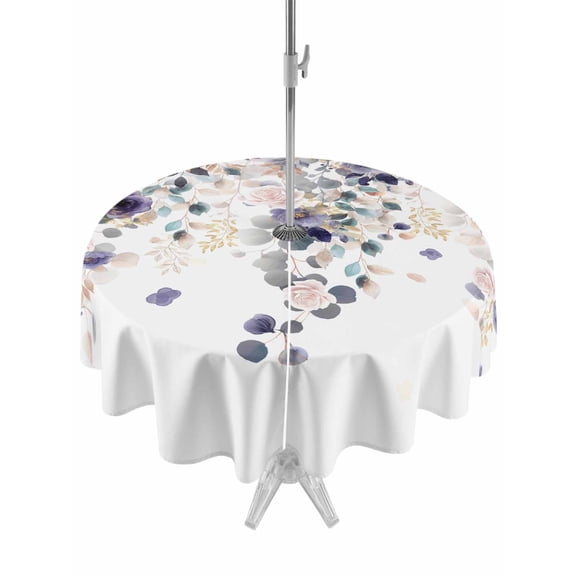 Outdoor Tablecloth with Umbrella Hole for Patio/Picnic/Party/Camping, Purple Flowers Waterproof Table Cloth Round Cover Washable, Spring Floral Elegant Pastoral Watercolor (Dia 54")