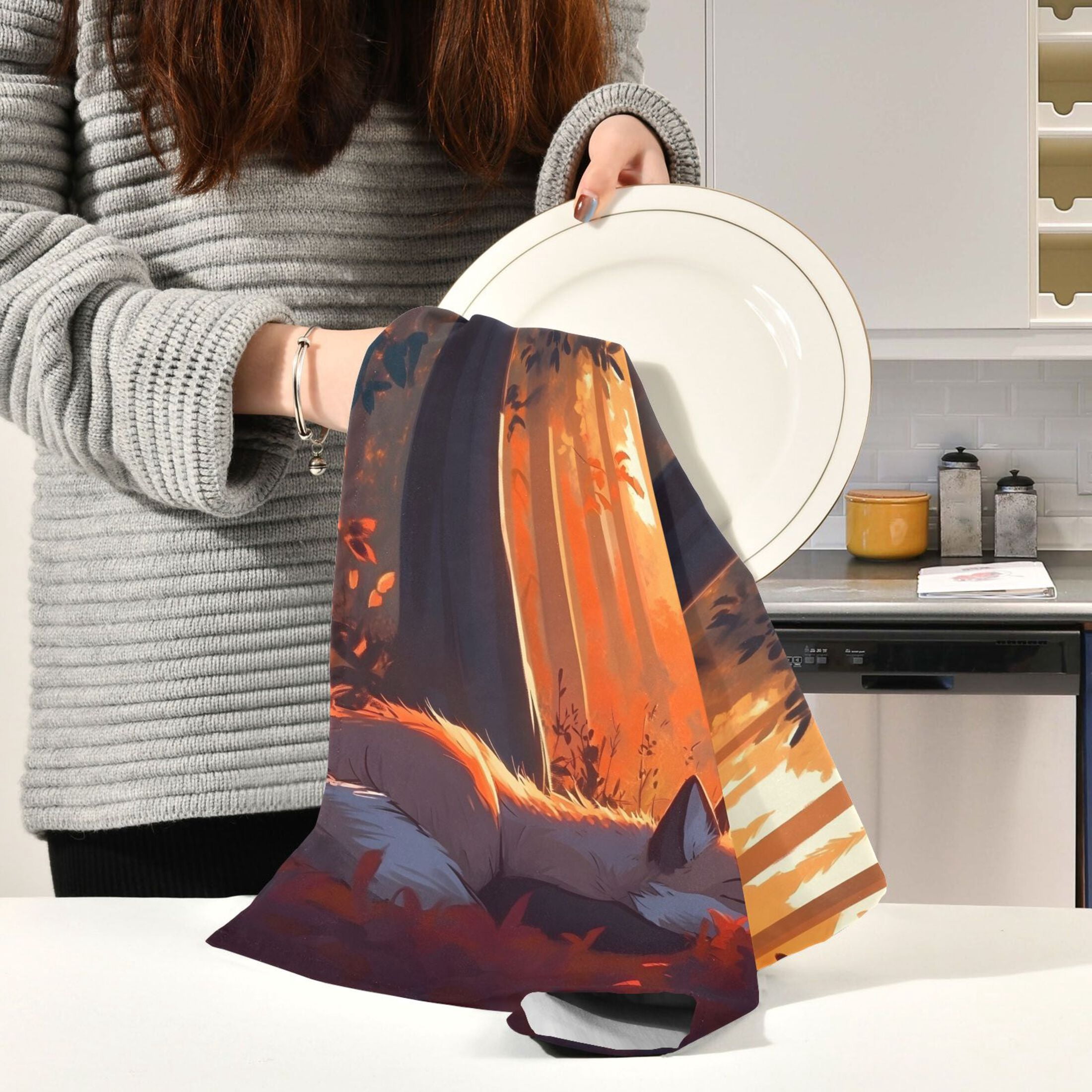 Fox Resting in The Forest Kitchen Towels 6-Piece Pack Tea Towels for Kitchen Decorative Waffle Design 28x18in