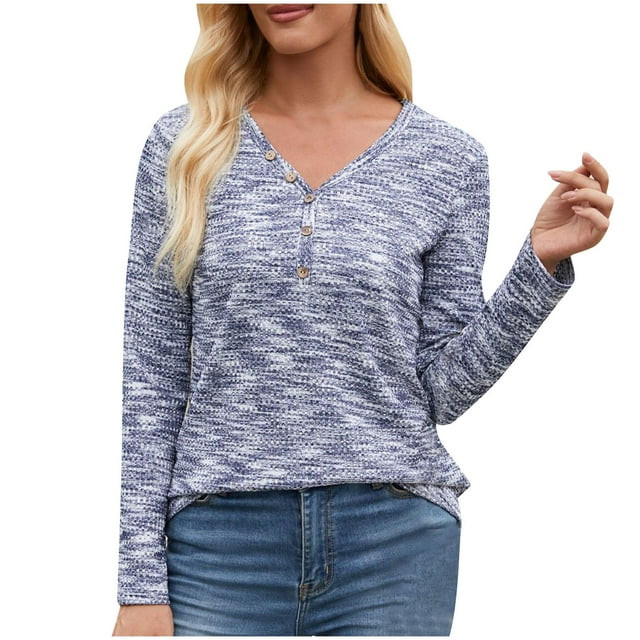 Timegard Long Sleeve Tops for Women Knitted Button V Neck Tops Casual Solid Color Lightweight Blouses