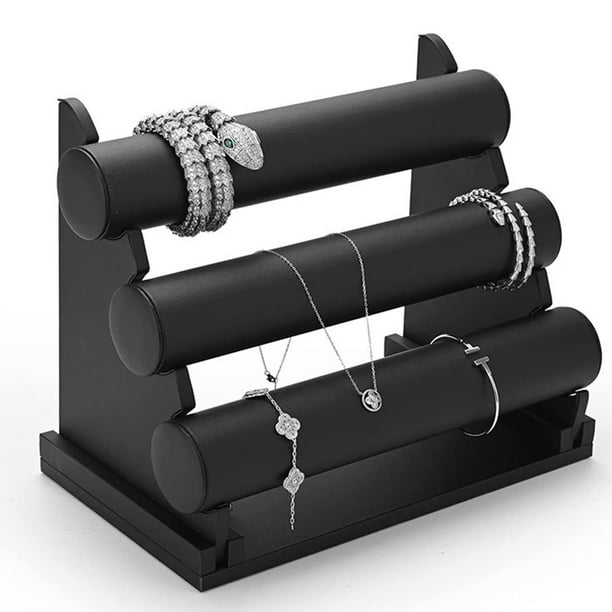 Soporte Organizador Joyería cuero 3 Niveles, desmontable expositor de pulseras, piel de alta calidad, Ideal para guardar relojes, pulseras, brazaletes, collares y gomas elásticas.(Negro)
