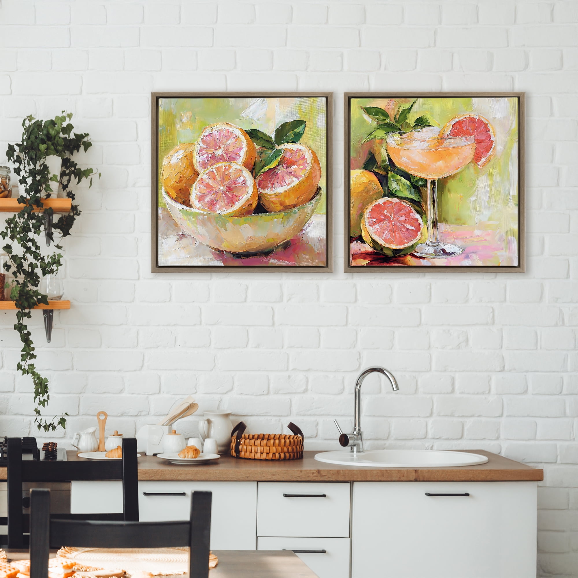 Stupell Industries Grapefruit Bowl & Cocktail 2 Piece Brown Framed Floater Canvas Set, design by Riley B
