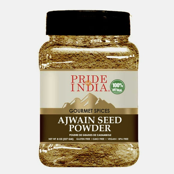 Pride of India – Ajwain Seed Powder – Gourmet Indian Spice – Made from Fresh Carom Seeds – Rich in Nutrients – Aromatic & Flavorful – Easy to Use - 8oz. Medium Dual Sifter Jar
