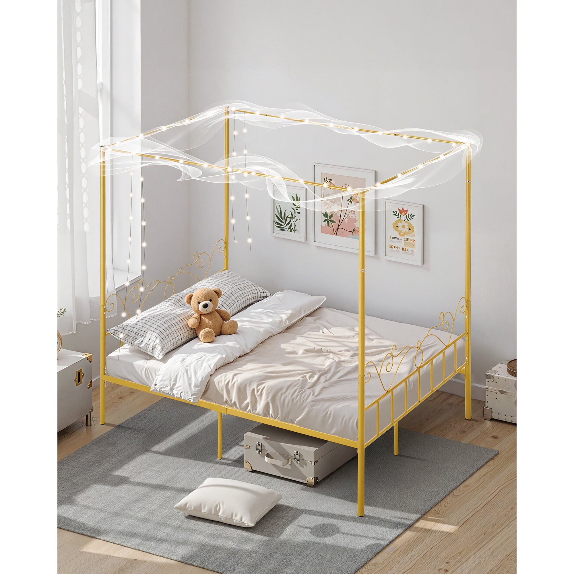 KFFKFF Queen Size Canopy Bed Frame, No Box Spring Requi, Durable Steel Bed Frame with Minimalist Headboard, Ample Underbed Storage, Easy to Assemble