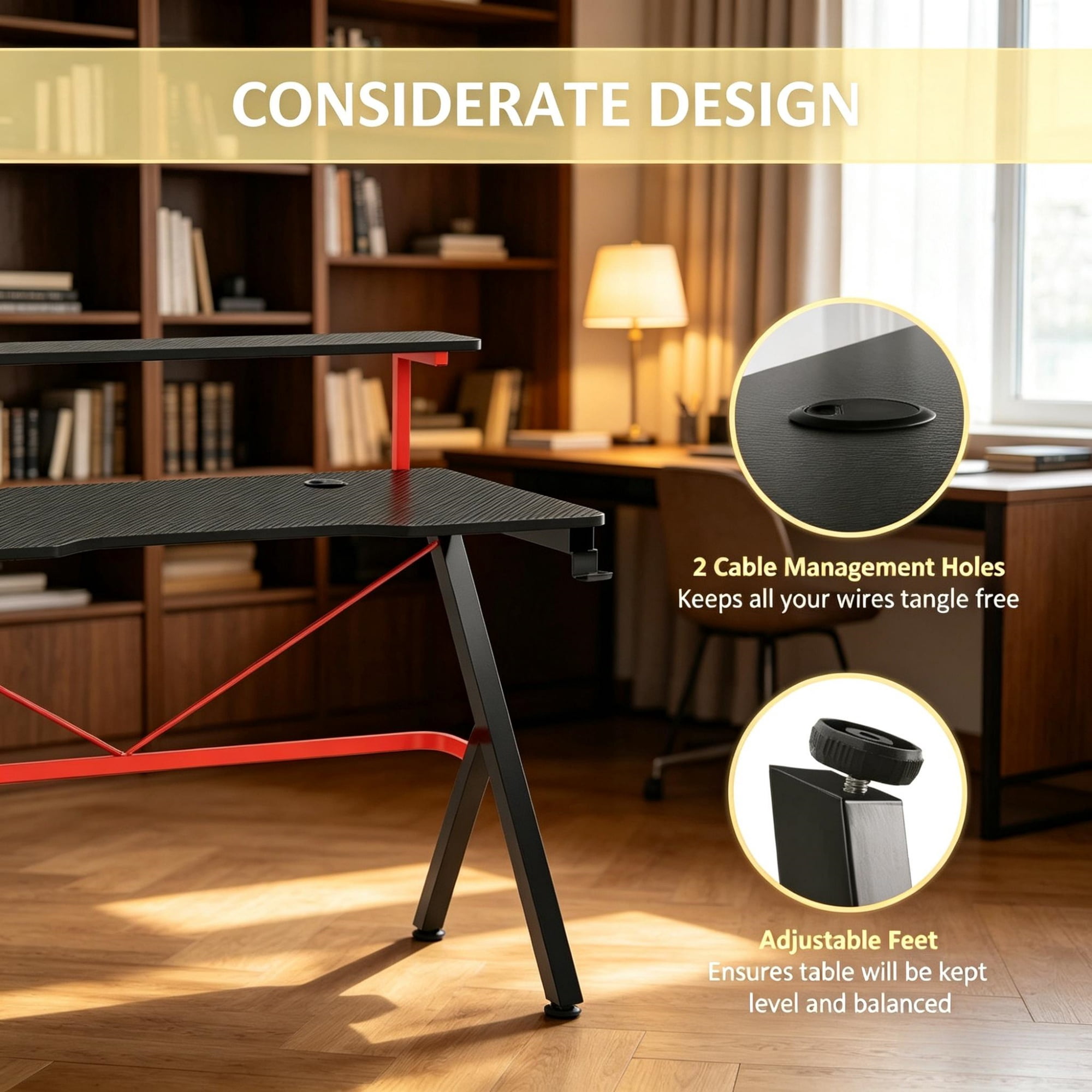 47 Inch Black Gaming Desk with Elevated Monitor Shelf Rotatable Cup Holder And Headphone Hook Racing Computer Workstation for Home Office