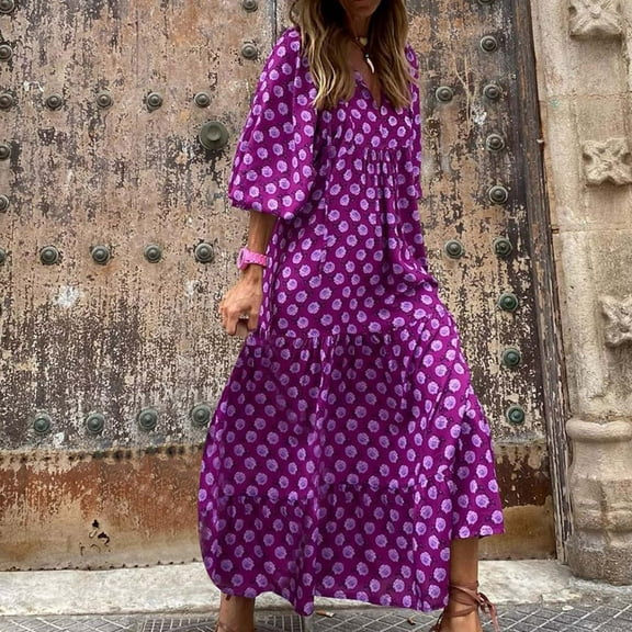Sakmal Purple Womens Dresses Spring Maxi Flowy Shirt Dress Plus Size Long Sleeve Graphic Dresses