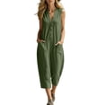 thumbnail image 2 of WULMLEO Womens Cotton Jumpsuits Sleeveless Casual Wide Leg Capri Rompers Baggy Button Down V Neck Summer Overalls Pockets Green 2XL, 2 of 7