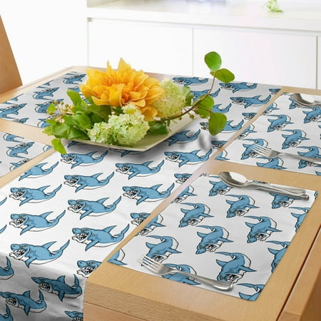 

Sea Animals Table Runner & Placemats Fierce Predator Wild Shark Swimming Sharp Teeth Bite Nautical Theme Pattern Set for Dining Table Decor Placemat 4 pcs + Runner 14 x72 Blue White by Ambesonne