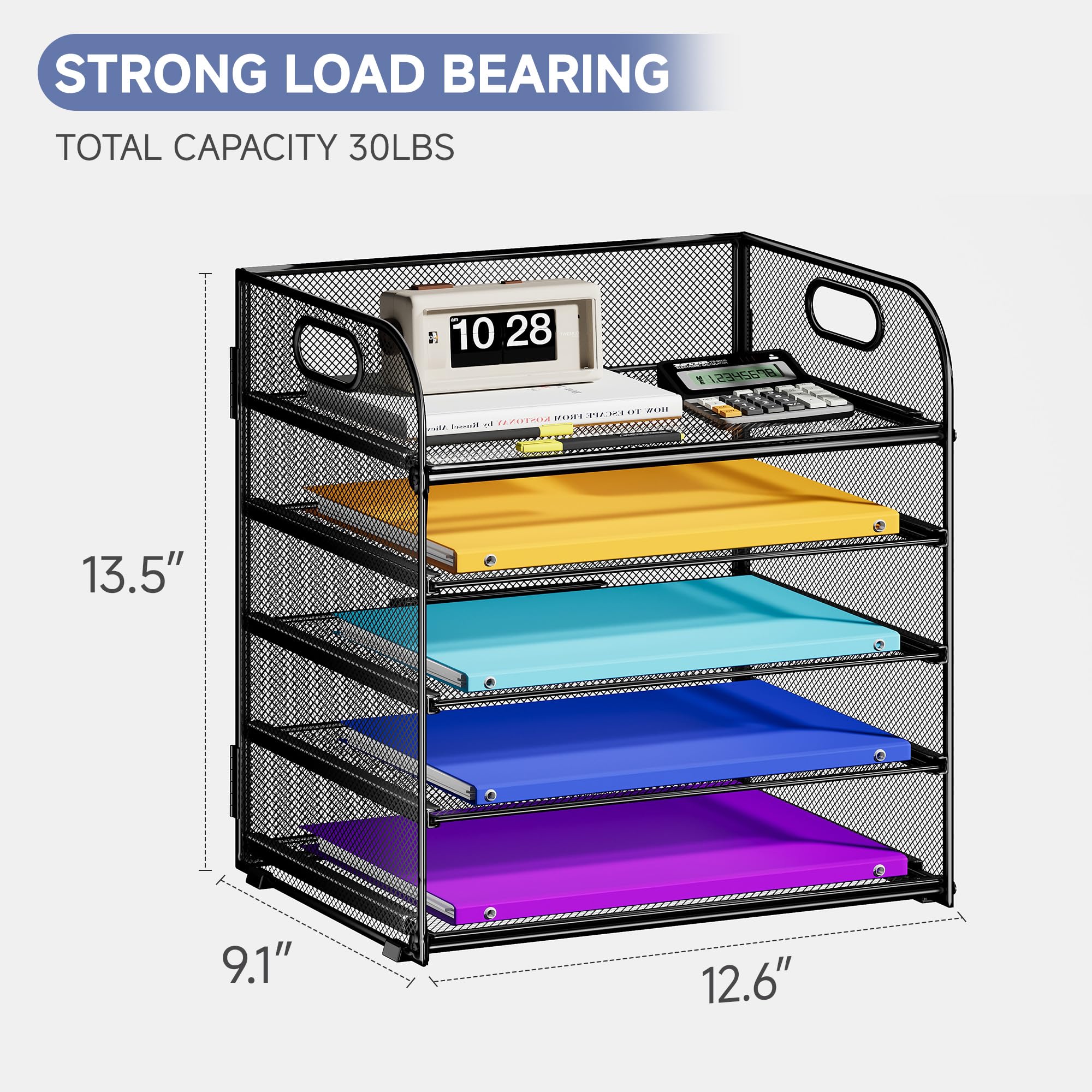 5 Tier Paper Organizer With Handle  Black Metal Mesh Desk File Folder Letter Tray Desktop Document Sorter For Classroom School Office Accessories Organization And Storage