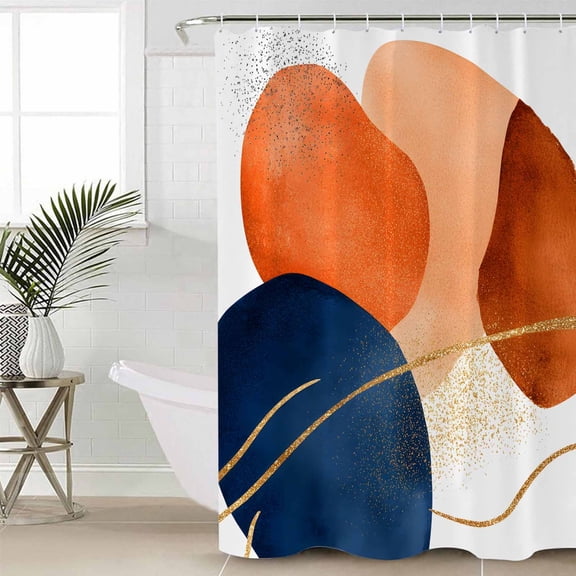 Navy Blue Burnt Orange Standard Shower Curtain Set, Waterproof Shower Curtains for Bathroom, Modern Retro Geometric Washable Fabric Cloth Bath Curtain for Bathtub Decoration with Hooks 72x72 Inches