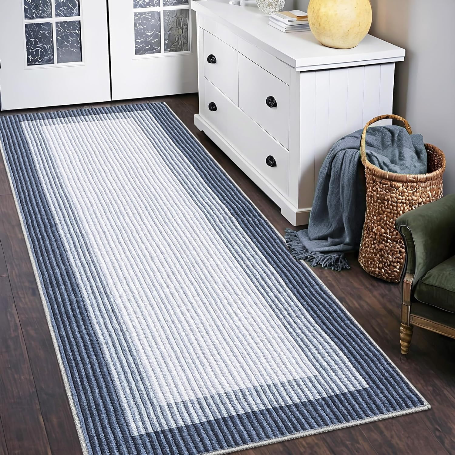 Machine Washable Runner Rug 2x6 Modern Neutral Kitchen Rug, Low Pile Bedside Non-Shedding Soft Bordered Carpet for Entryway, Bathroom, Laundry Room, Blue