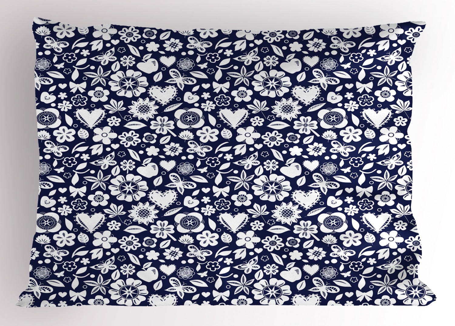 Navy Blue Pillow Sham Multi Designed Pattern with Hearts Butterflies