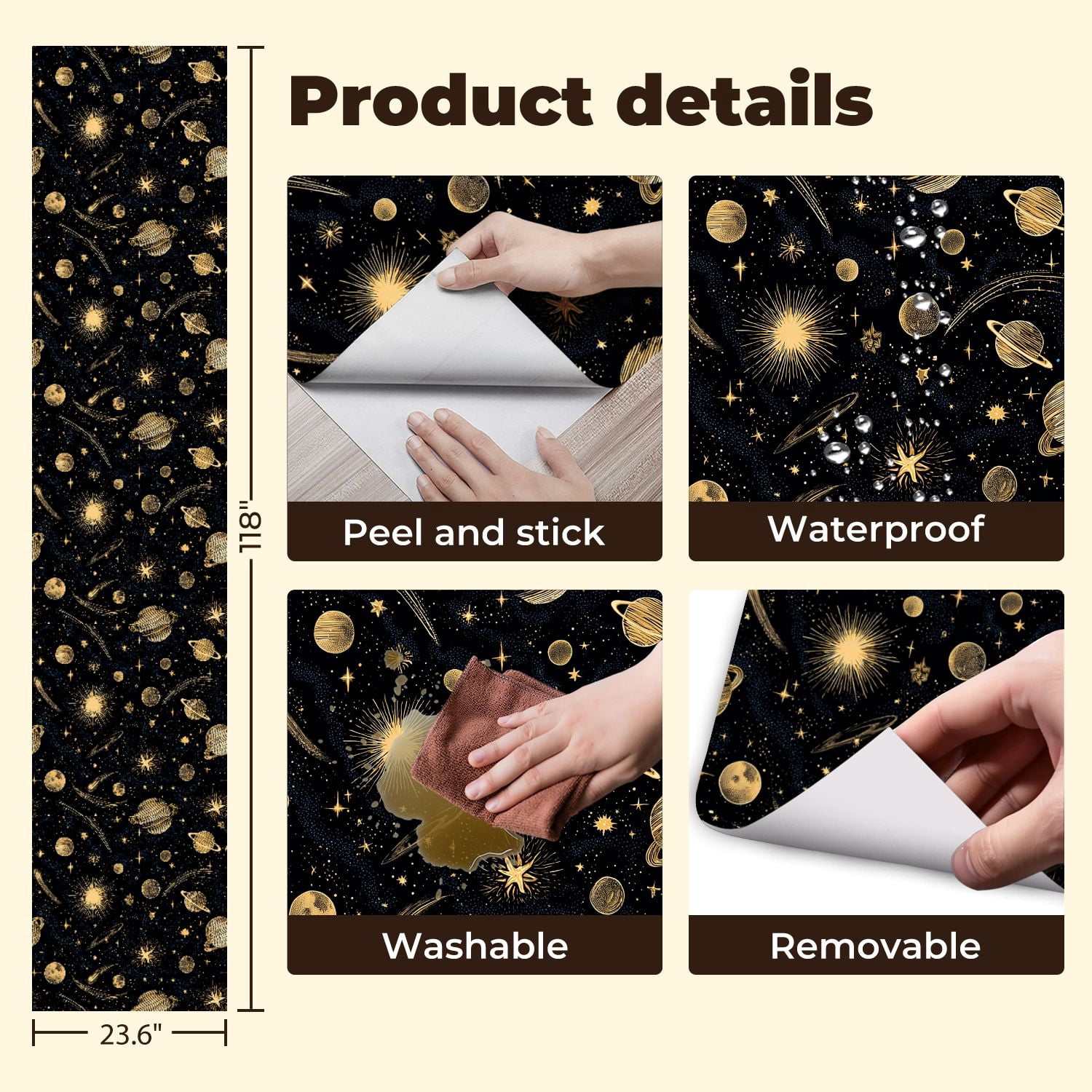 Peel and Stick Wallpaper Celestial Space Gold Stars Planets Cosmic Elements Black Wall Mural 23.6in x 9.8ft Self Adhesive Removable Wall Paper Renter Friendly Wallpaper for Nursery Bedroom Cabinets