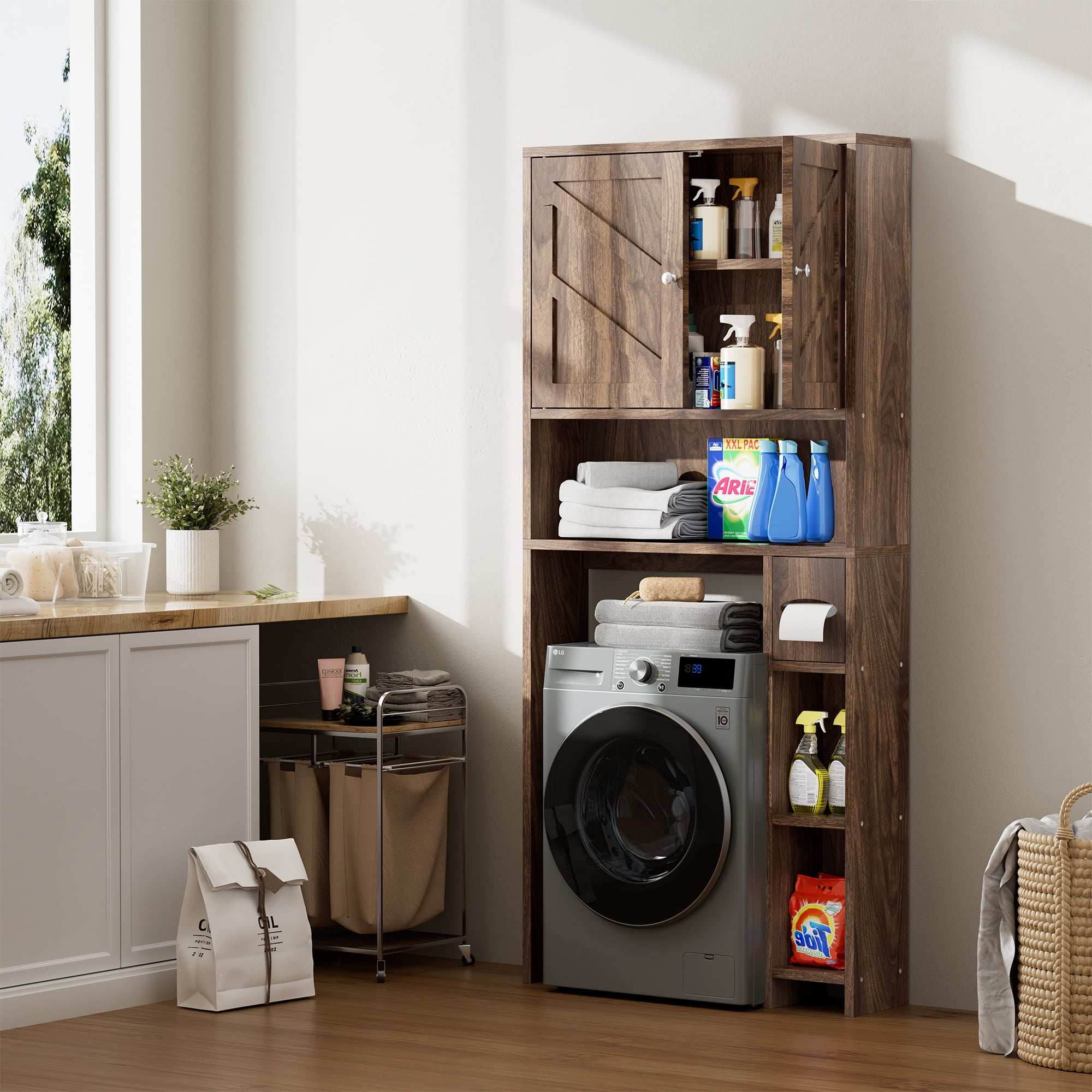 Walsunny Over the Toilet Storage Cabinet with Doors Side Storage Toilet Paper Holder Stand Space Saver Shelf Organizer Rack Freestanding for Restroom Bathroom Laundry Walnut