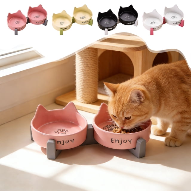 Comedero cerámico elevado doble para perros - Comedero alto elevado para el agua de comida, diseño ancho y poco profundo, protección, 150 ml cada uno, rosa amarillo negro blanco