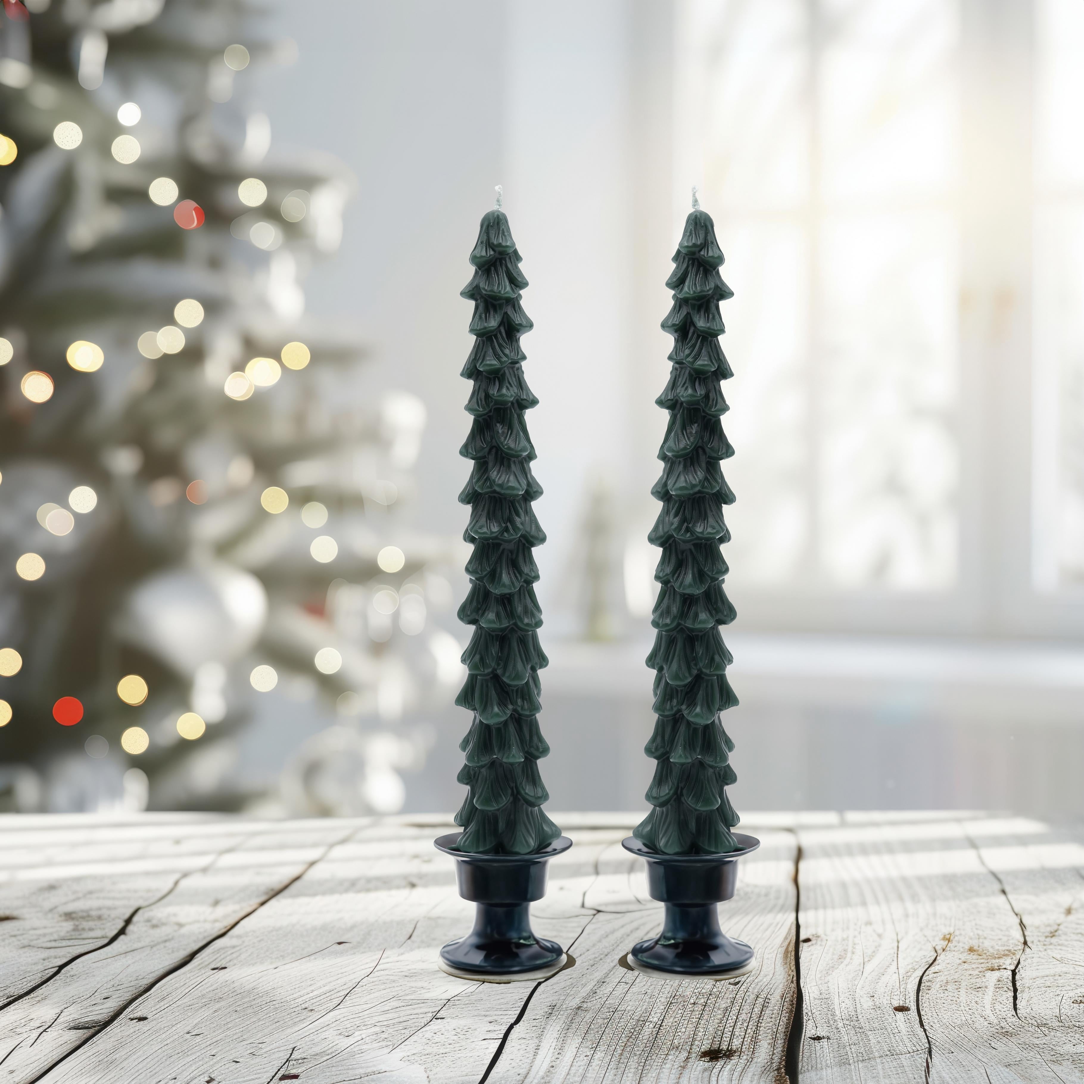 My Texas House Christmas Tree Shape 11" Taper Candles, Unscented, Green, 2 Count