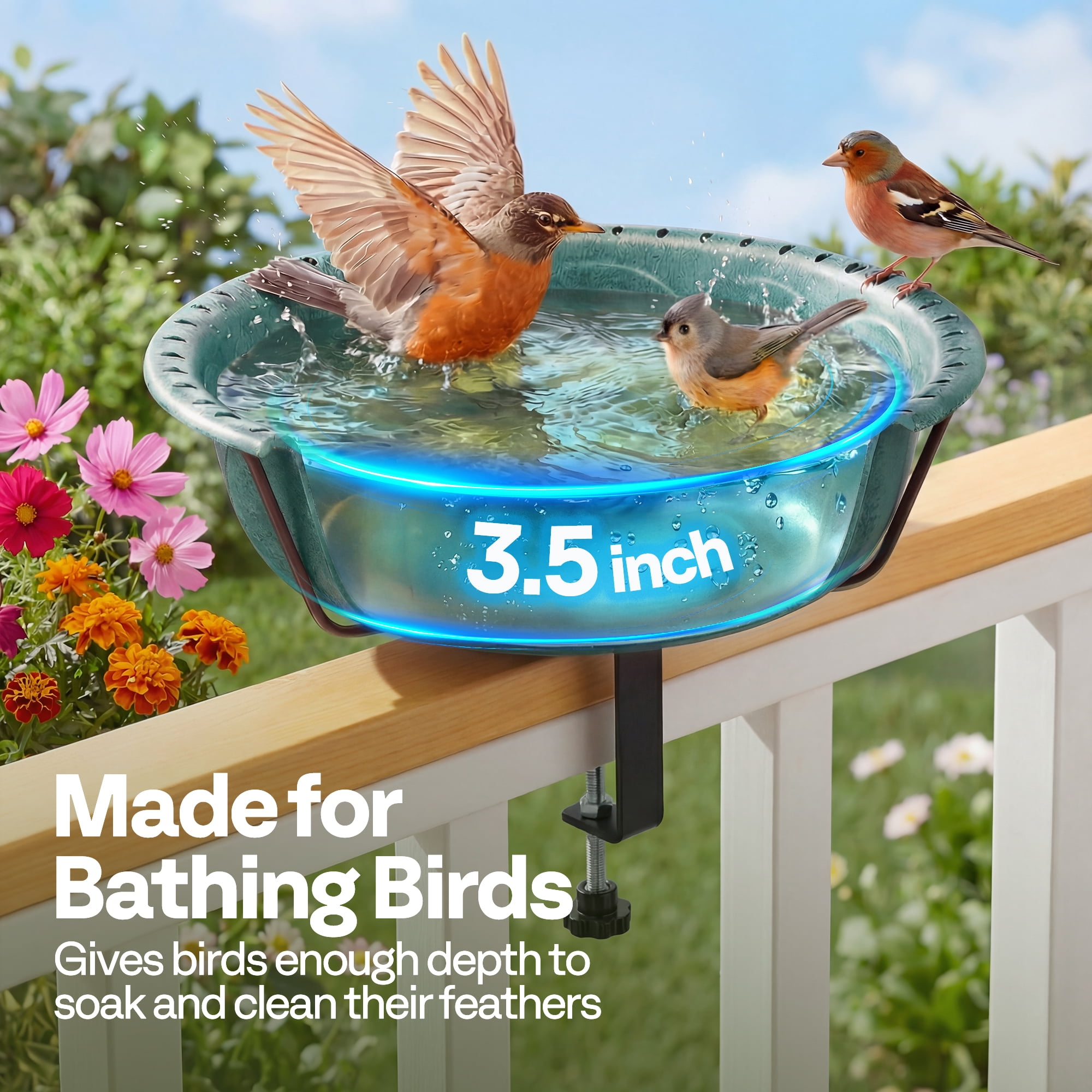 SPECSTAR Deck Mounted Bird Bath for Outside, Weather-Resistant ABS Bird Bath and Feeder with Adjustable Metal Clamp for Railing, Fence, Balcony, 1.45 Gallons, Green