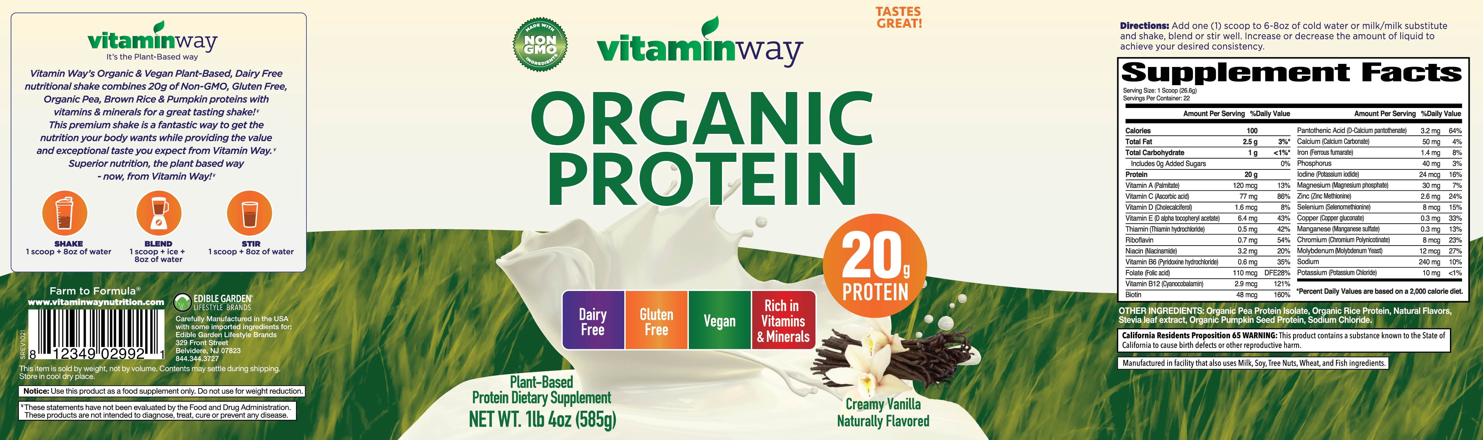 Vitamin Way Organic Protein Powder Vanilla  - 20g of Non-GMO, Gluten Free Plant Protein