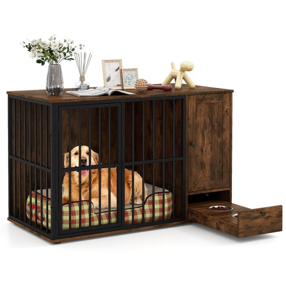 Gymax 47 5''Dog Crate End Table w/ Hidden Bowls & Storage Chew-Resistant Metal Frame