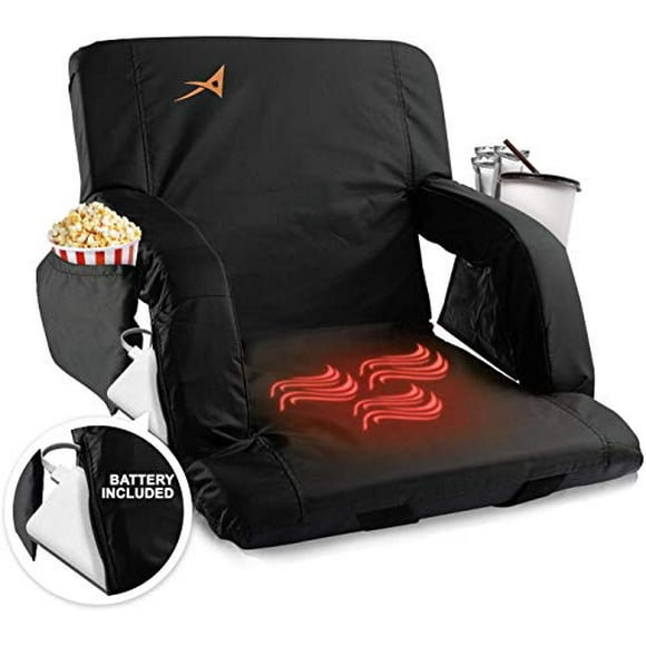 Heated Stadium Seats for Bleachers with Back Support - USB Battery Included - Upgraded 3 Levels of Heat - Foldable Chair - Cushioned, 4 Pockets for Snacks, Cup Holder - for Camping, Games & Sports