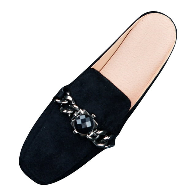 Buckle Mules for Women Flat Mules Slip-on Loafers Round Toe Backless Loafer Shoes Metal Chain Slides