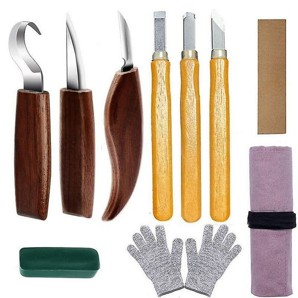 10pcs Wood Carving Tools, Wood Carving Kit with 3 Wood Chisels, 3 Wood Carving Knife, Gloves, Storage Bag, Professional Wood Carving Tools for Beginne