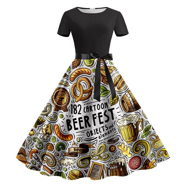WILLBEST Fondos Para Vestidos De Mujer Vestido Vintage De Oktoberfest Para Mujer, Manga Corta, Largo Hasta La Rodilla, Estilo Vintage, Corte En A, Estilo Cuerno, Vestido Formal De Fiesta, Falda