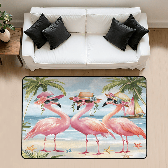 CURLYOOT Beach Cool Flamingo Tropical Area Rug 3x5 Ft Rugs for Entryway Entrance Kitchen, Washable Non Slip Indoor Floor Carpet for Bedroom Living Room