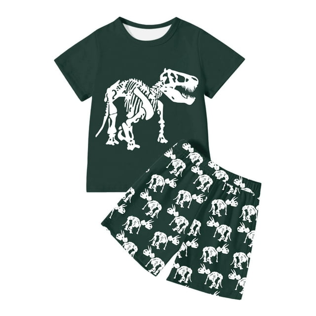 BXUIDJG Ensemble d'Été 2 Pcs pour Garçon Imprimé Dinosaure Col Rond Manches Courtes T-Shirt et Shorts à Taille Élastique Ensemble de Shorts Décontractés et Confortables pour Enfants 9-10 Ans