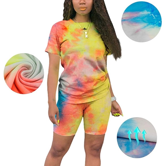Daqian Womens Plus Size T-Shirts Women's Two-Piece Tie-Dye Suit Short Sleeve Top and Pants Sports Sweatshirt Set Tops for Women Yellow 10(XL)