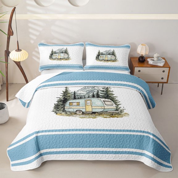 Erosebridal Watercolor RV Car Twin Quilt Set, Blue Stripe Mountain Twin Coverlet Set for Men and Women, 2-Piece
