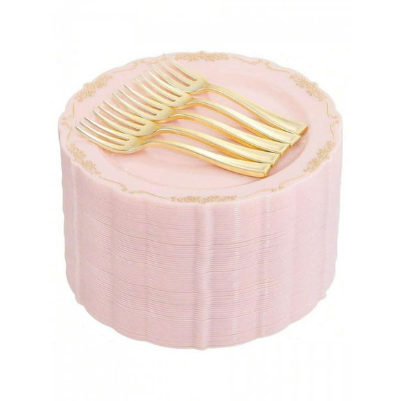 100PCS Pink Gold Disposable Dessert Plates 100PCS Gold Plastic Forks Set, Appetizer Cake Plates Utensils for Birthday Wedding Bridal Shower Christmas Party Decorations