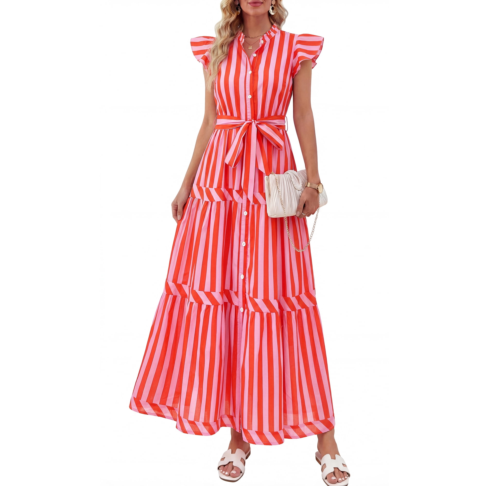 PRETTYGARDEN Women's Striped Belted Dress, Sizes S-XXL