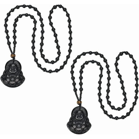 2Pcs Resin Imitation Gemstone Maitreya Pendant Necklace Om Mani Padme Hum Beaded Necklace for Men Women Black 25.20~25.59 inch(64~65cm)