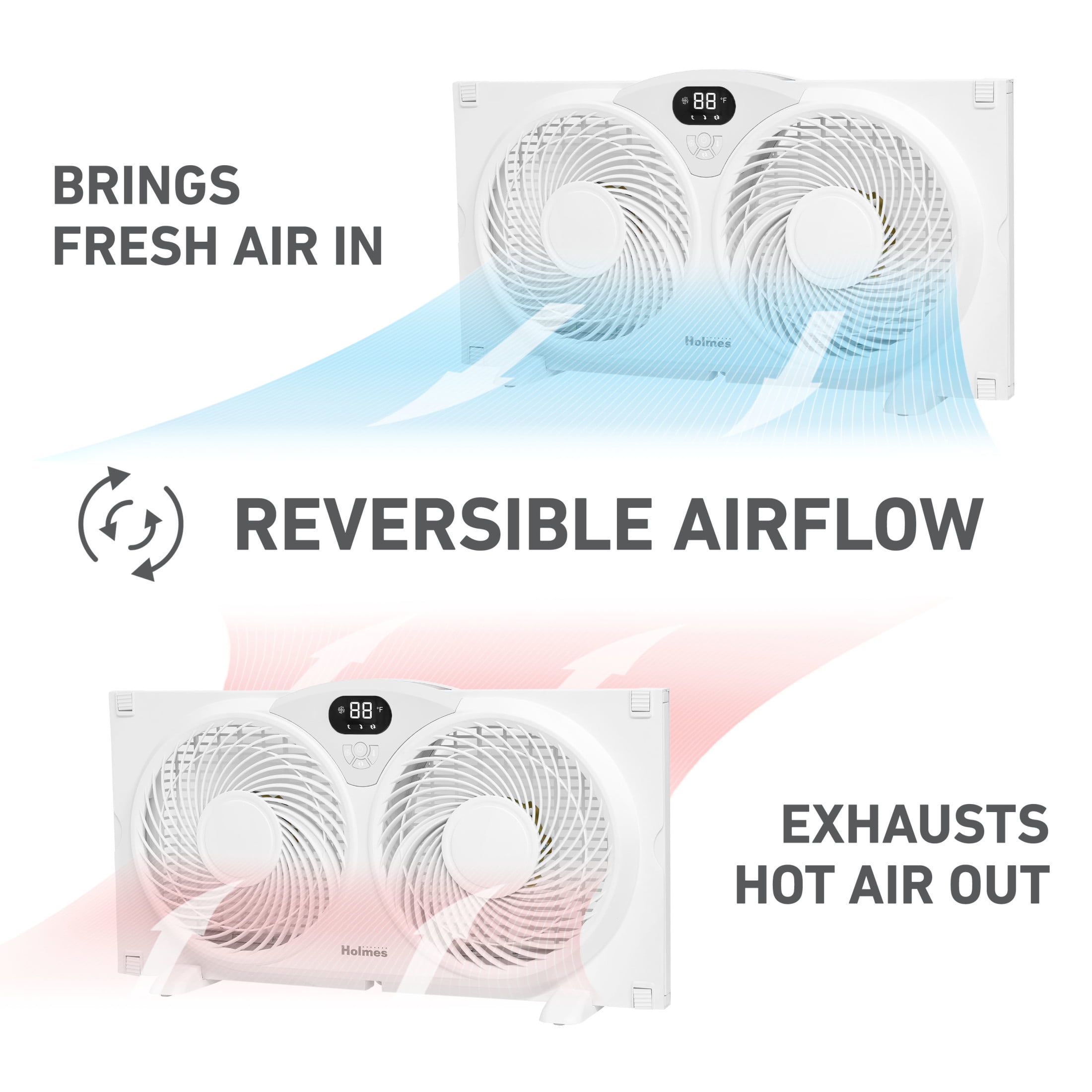 Holmes 9 Inch Digital Window Fan 3 Speed Thermostat Remote Reversible Twin Blades White