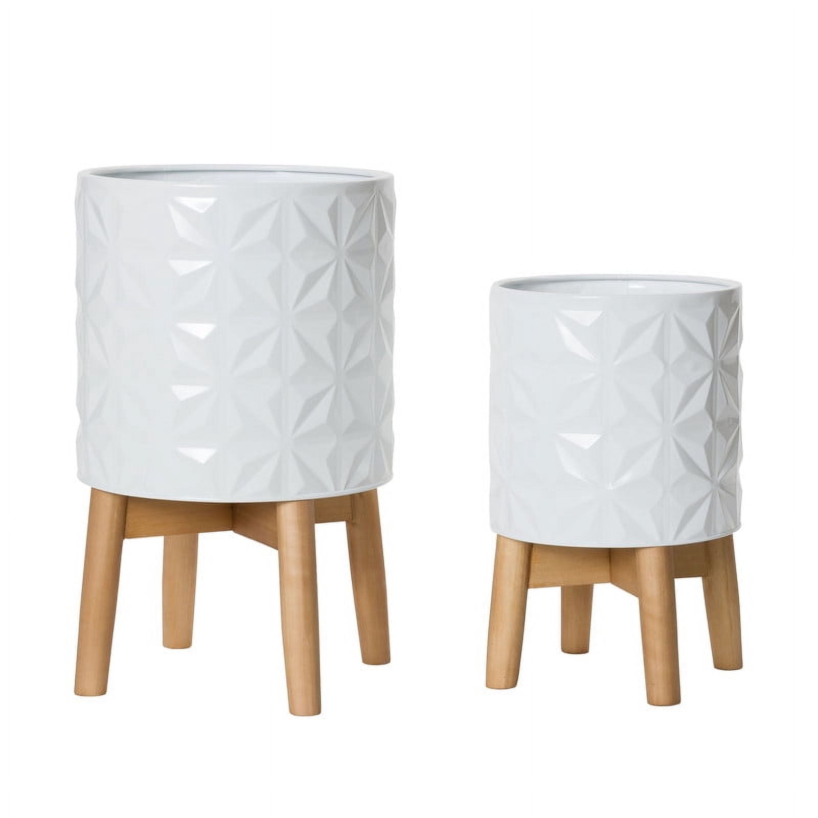 2-Piece Geometric Metal Planter Pot With 4-Leg Wood Base - White - 17"H x 10"W / 13.5"H x 8.5"W