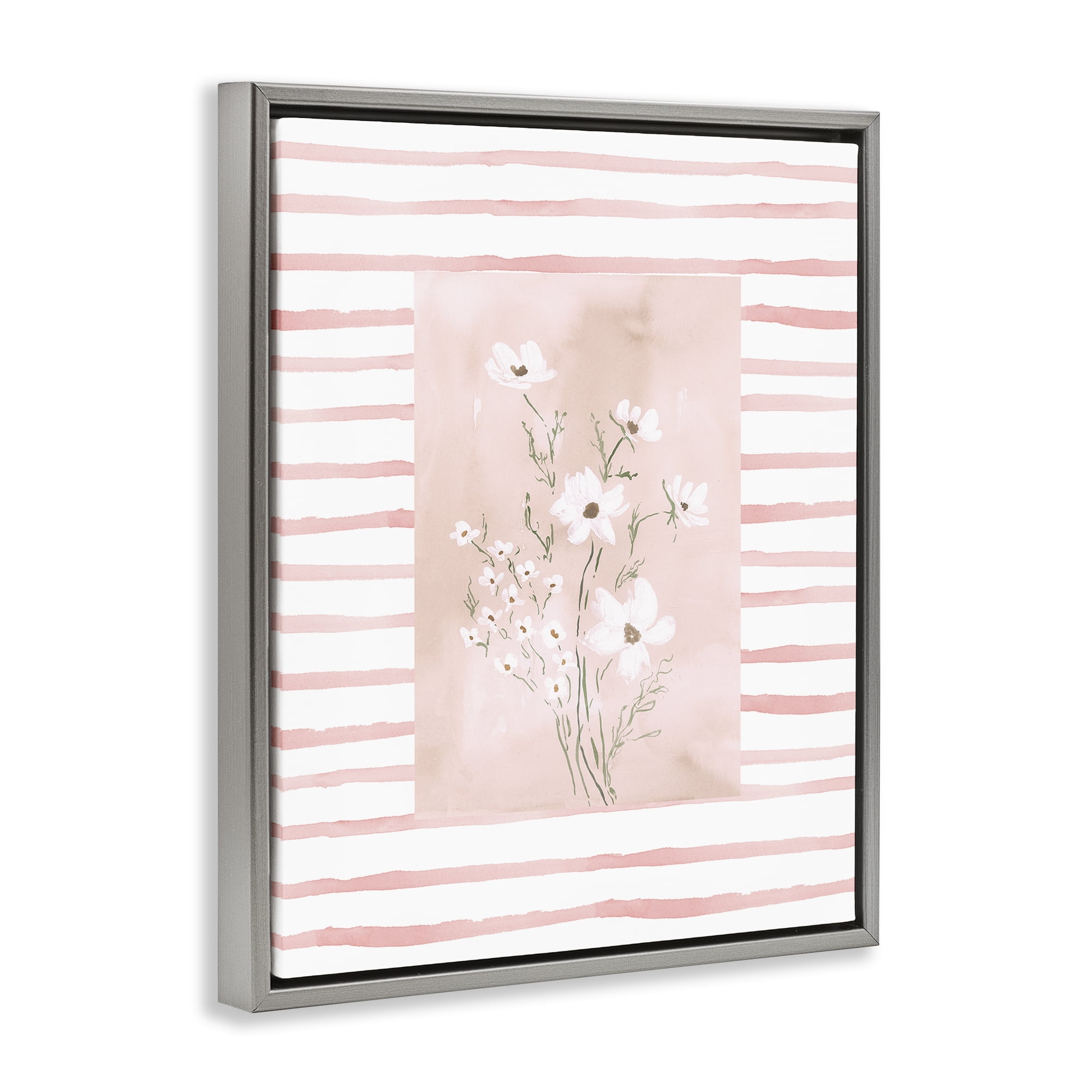 Stupell Industries White Cosmos on Pink Stripes Gray Framed Floater Canvas Wall Art, design by Lucille Price