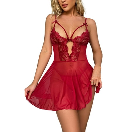 

Avamo Women Chemise Deep V Neck Nightwear Lace Babydoll Mini Lingerie Two Pieces Ladies With Thongs Crotchless Teddy Hollow Out Red XL