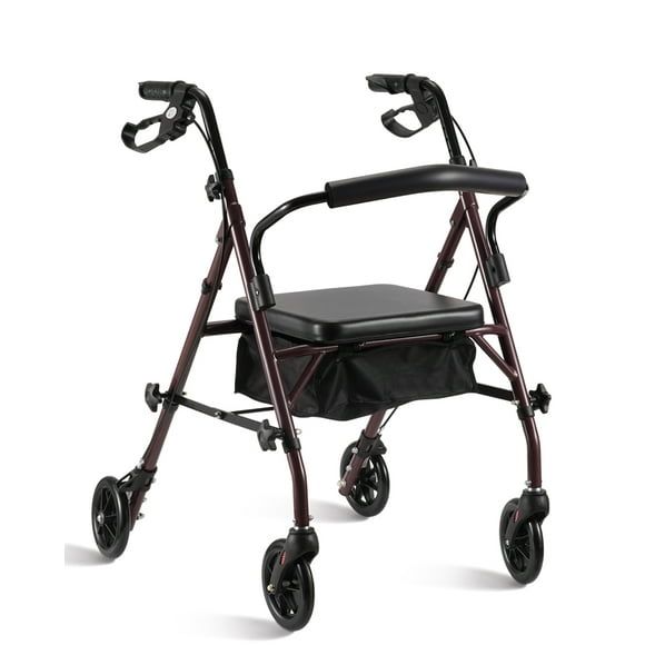 Naipo Rollator Walker with Seat, Steel Folding Rolling Medical Walker with 6 Inch Wheels, Supports up to 350 lbs, Burgundy Frame