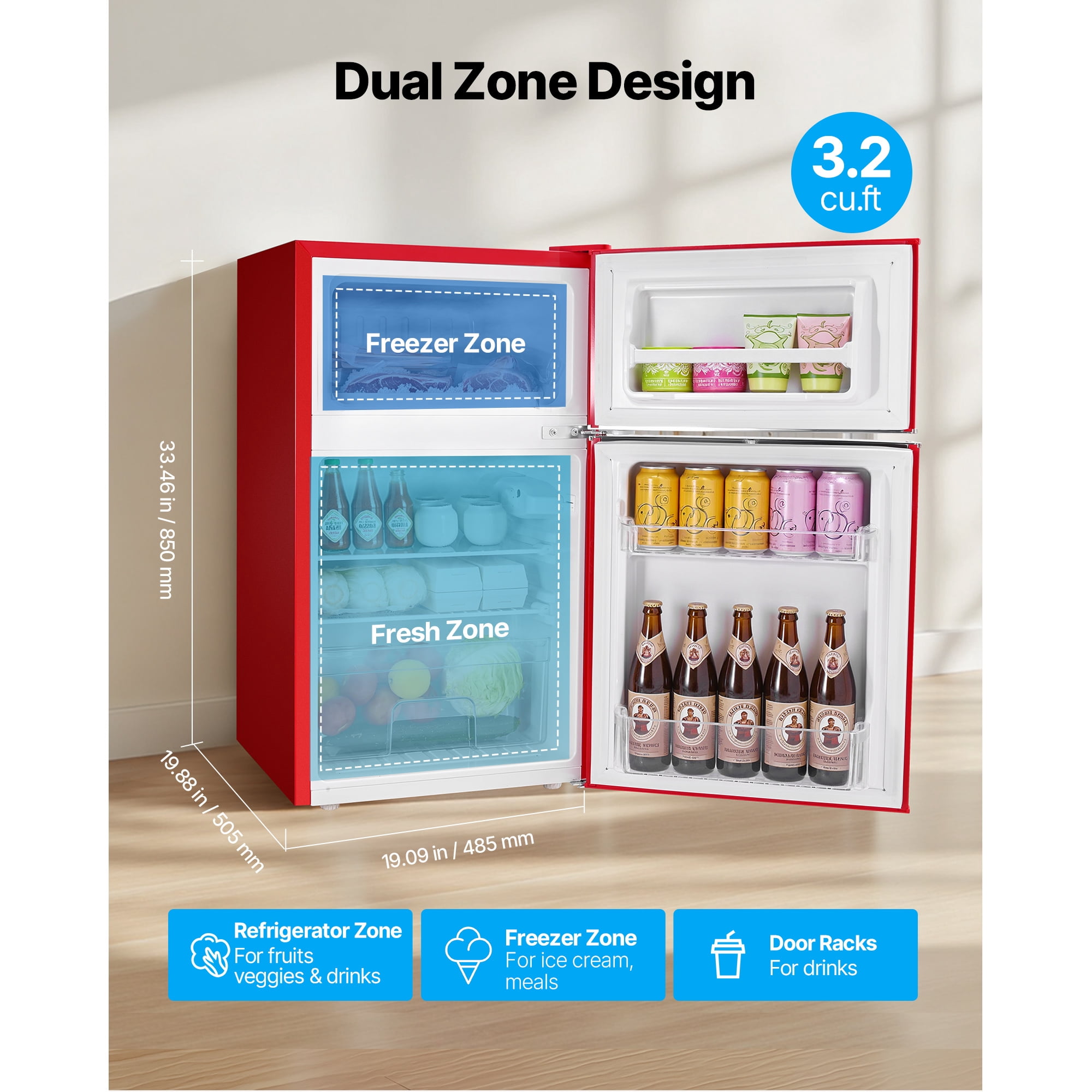 KFFKFF Compact Mini Fridge with Freezer, 3.2 Cu.Ft, Dual-Door Refrigerator with Adjustable Temperature, Glass Shelves, Energy-Saving Design, Quiet Operation, Ideal for Bedroom, Office, Red