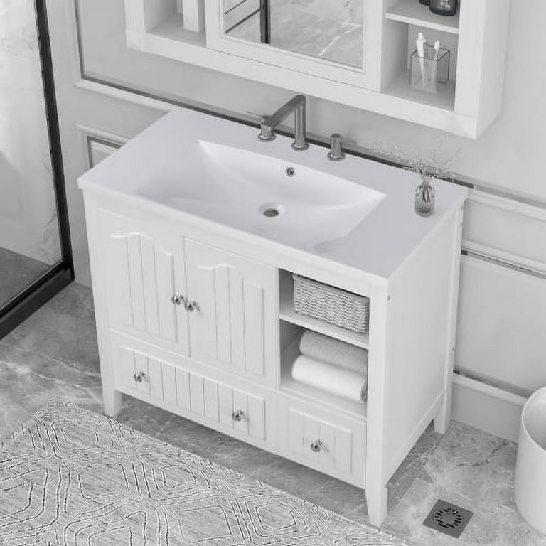 Churanty 24 Bathroom Vanity with Ceramic Basin, Natural Rattan Bathroom  Storage Cabinet with Two Doors and Drawer, Solid Wood Frame 