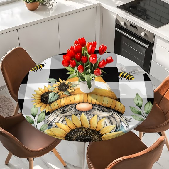Farmhouse Gnome Plaid Elastic Fitted Round Tablecloth Sunflower Summer Waterproof Outdoor Table Cover for Holiday Party, Picnic, Patio & Dining Fits Tables Up to 45"-54"