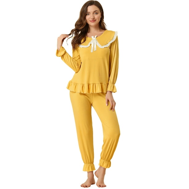 Conjuntos de pijama para mujer Cuello Peter Pan con almohadillas para el  pecho Conjuntos de salón de manga larga Amarillo M