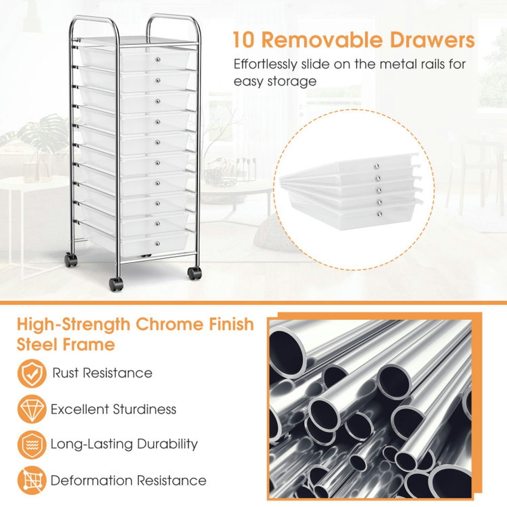Spaco 10 Drawer Rolling Storage Cart Organizer with 4 Universal Casters-Clear, Craft Organizers and Storage, Multipurpose Organizer Cart for Home, Office, School