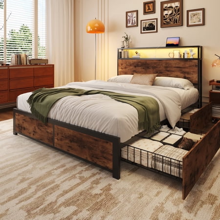 Fluest Full Bed Frame with 2-Tier Storage Headboard USB Port and LED Light 4 Storage Drawers Brown