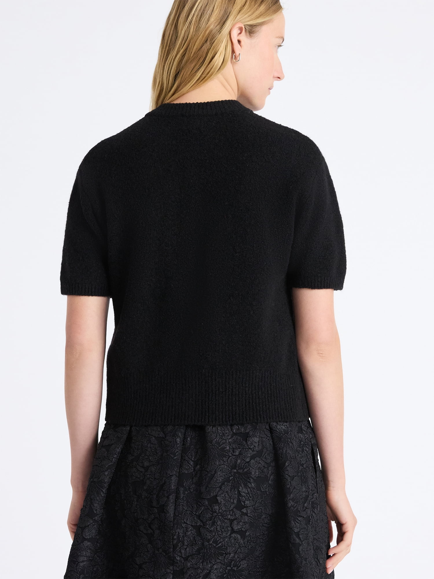 Free Assembly Women's Button-Front Bow Sweater with Short Sleeves, Midweight, Sizes XS-XXL