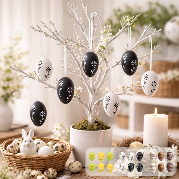 AZXY 6 Pcs Easter Egg Ornaments, 2.36in Brown & White Striped Easter Ornaments for Tree, Small Miniature Easter Egg Hanging Decorations for Small Tree, Easter Party & Home Indoor Outdoor Decor